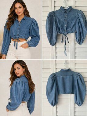 Colcci Denim Cropped Puff Sleeve Tie Front Blouse Size S Cotton